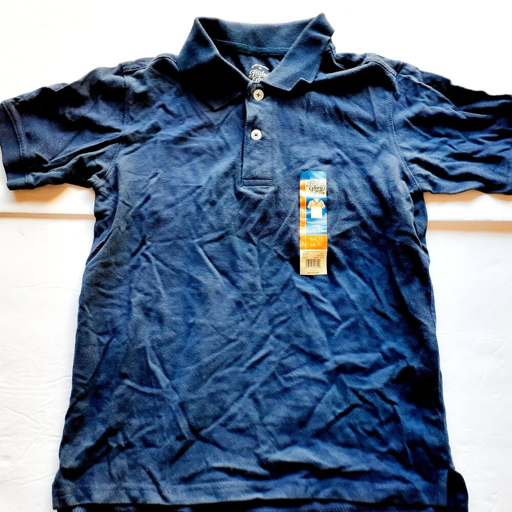 Boys School Uniform Polo Shirt Navy Blue Short Sleeve Faded Glory Size 6-7 New
